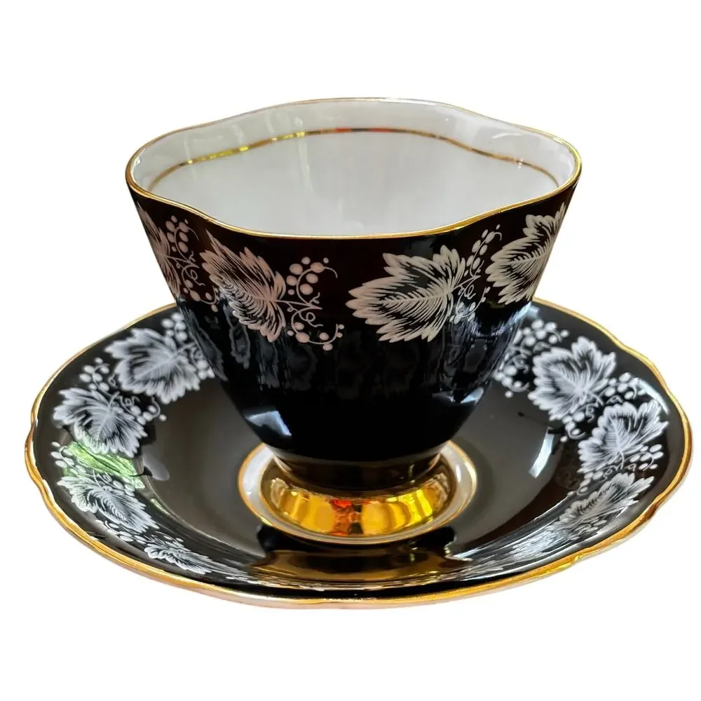 Vintage Windsor teacup & saucer set black & gold trim bone china Made in England